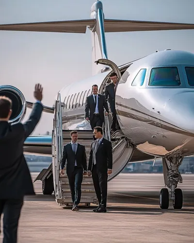Executives beside the boarding steps of a private jet