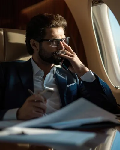 Man reviewing documents beside the window inside a private jet