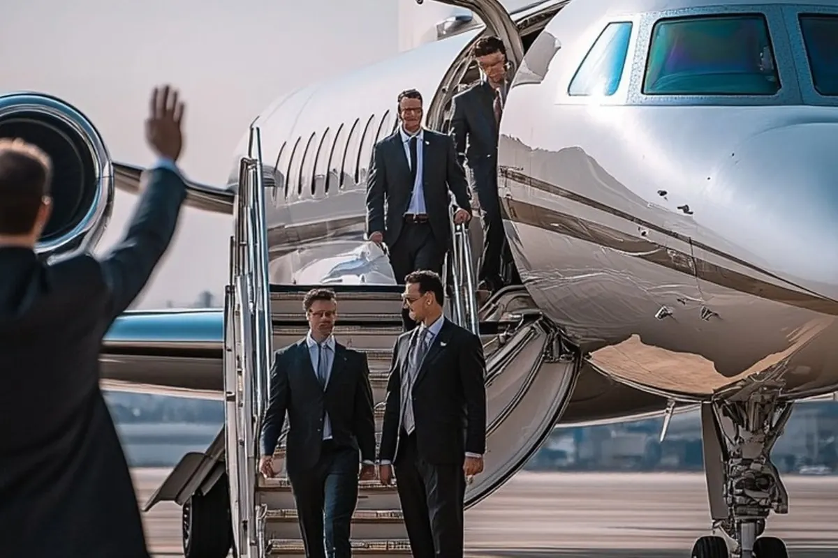 Executives leaving a private jet on the tarmac