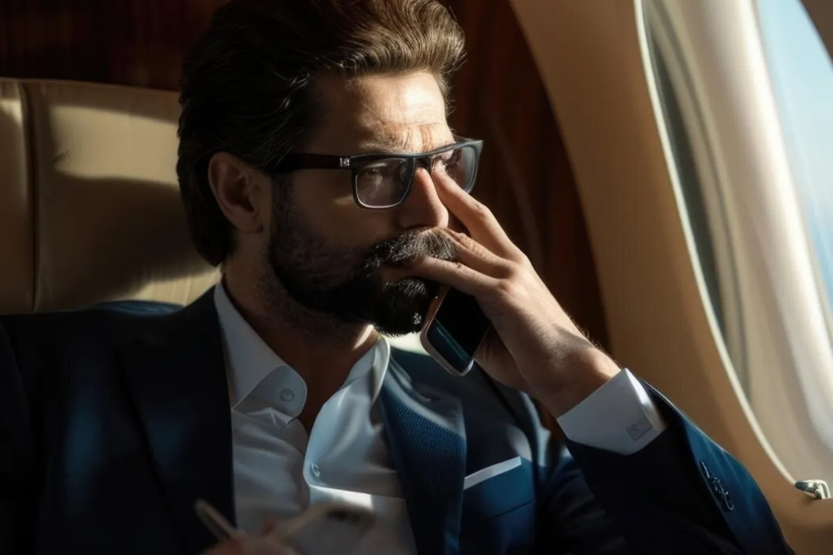 Man working through documents inside a private jet