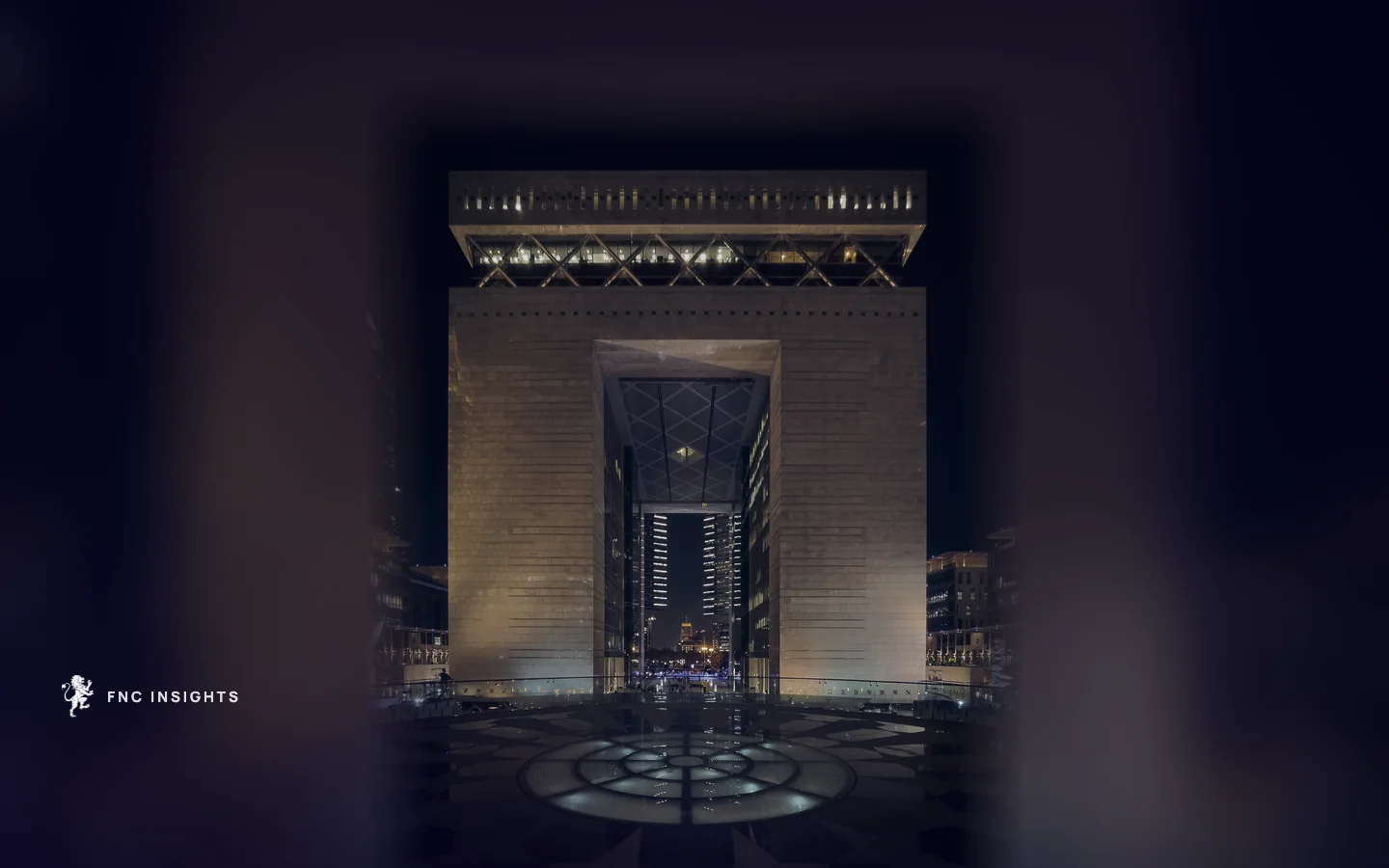 The Gate Building at the Dubai International Financial Centre, lit at night