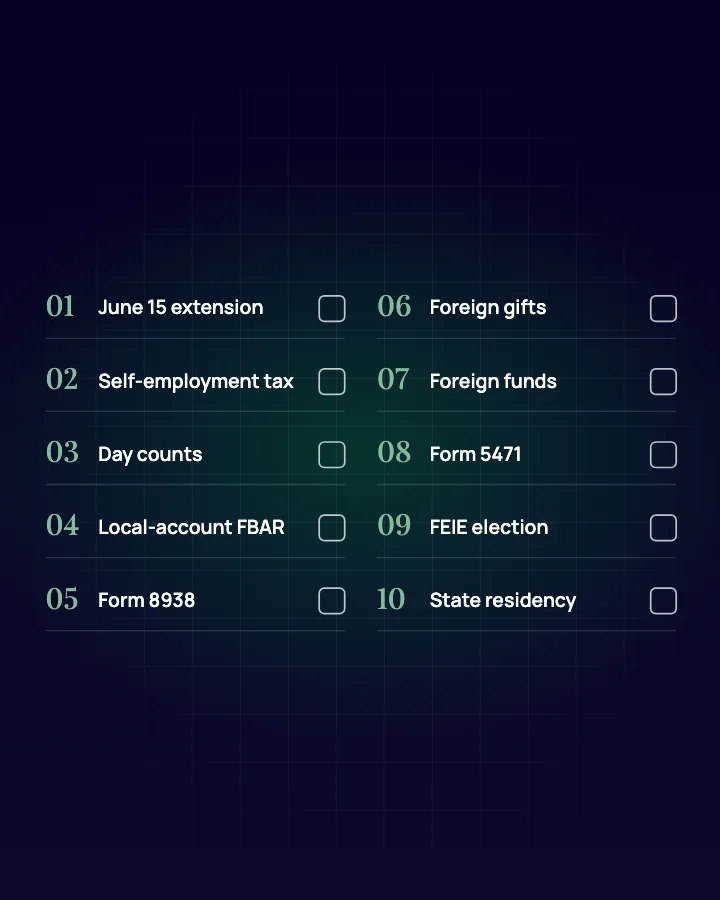 Checklist illustration: the ten first-year tax risks for Americans abroad, from the June 15 extension to state residency