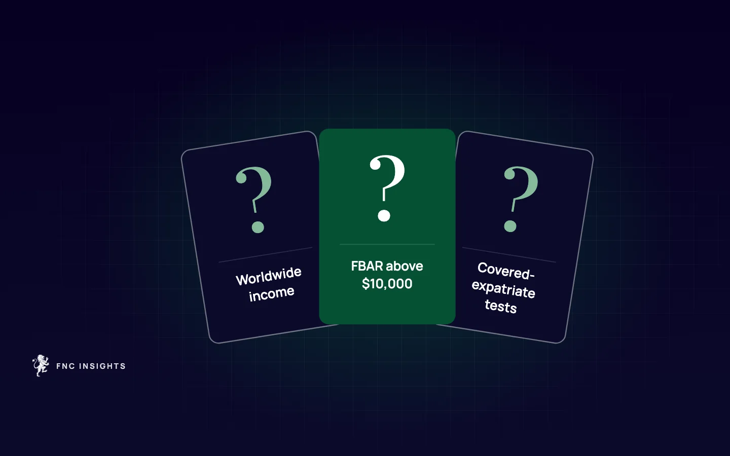 Illustration: three open question cards on worldwide income, the $10,000 FBAR threshold and the covered-expatriate tests