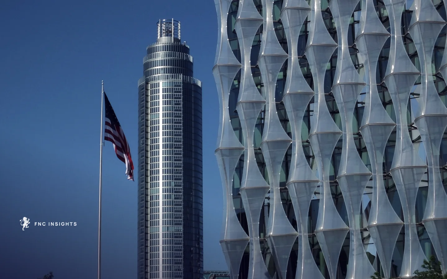 The US Embassy in London, with the American flag flying beside the building