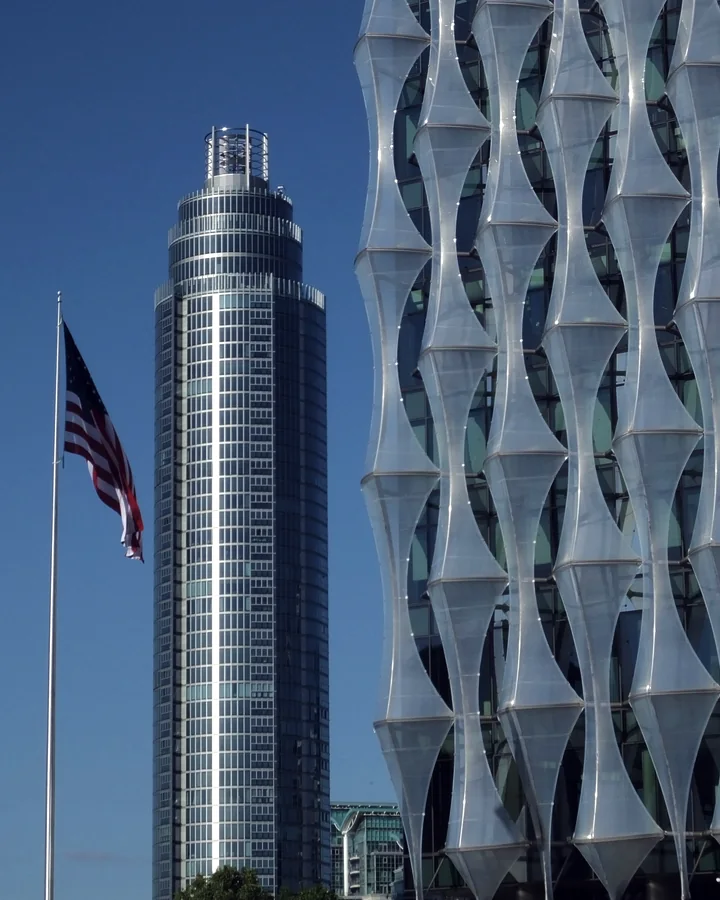 The US Embassy in London, with the American flag flying beside the building