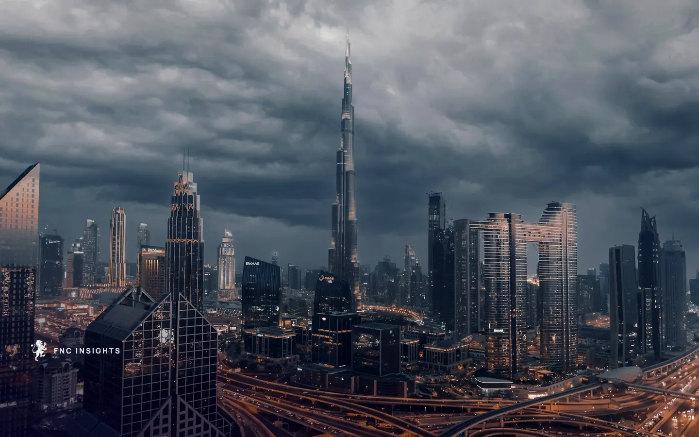 Downtown Dubai and the Burj Khalifa under storm clouds