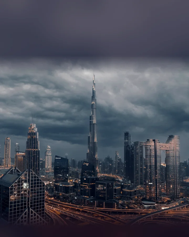 Downtown Dubai and the Burj Khalifa under storm clouds